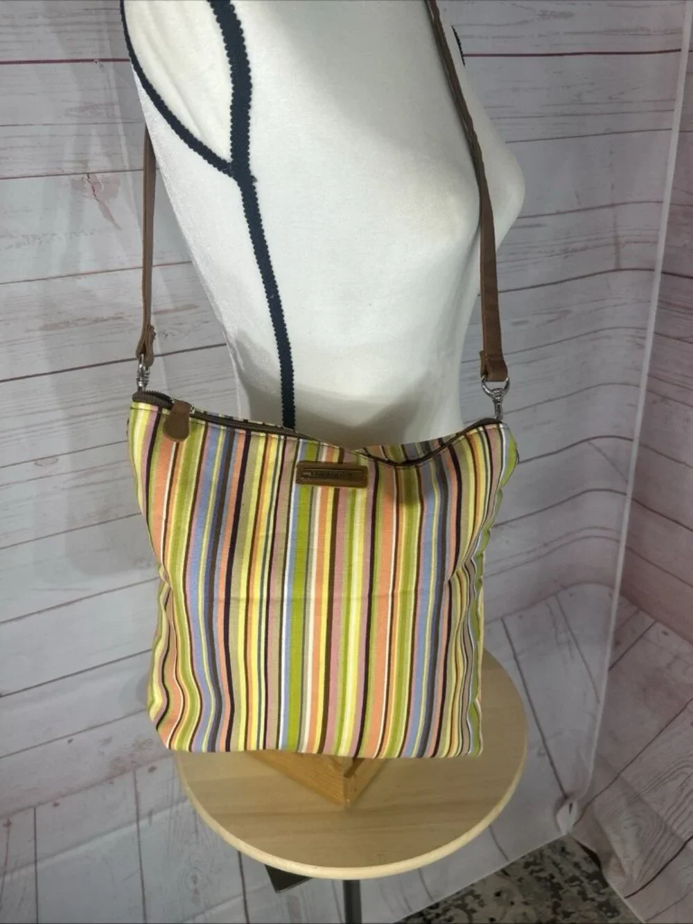 Longaberger Shoulder Bag Multicolor Brown, Green Blue Yellow Stripe Zip close